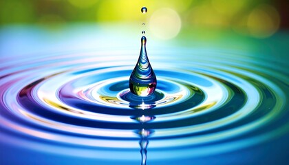 A single drop of water creates ripples spreading outwards in vibrant, colorful concentric circles, symbolizing nature's beauty and gentle impact