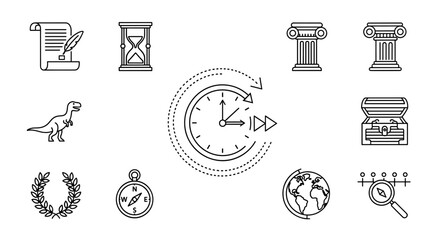 A set of ordered line icons on a white background, featuring a clock symbolizing going back in time, and architectural elements like columns, representing history and past events, isolated for clear
