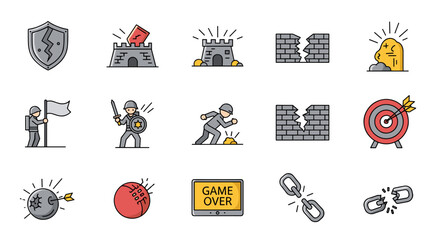 Set of 15 outline vector icons representing defense failure and battle elements, including a cracked shield, a breached castle, a soldier with a sword and shield, a broken brick wall, a target with