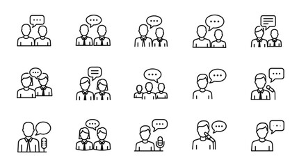 Set of 15 faceless people talking outline linear symbols for graphics, vector cartoon illustration with speech bubbles and microphones, representing communication, discussion, and conversation in a