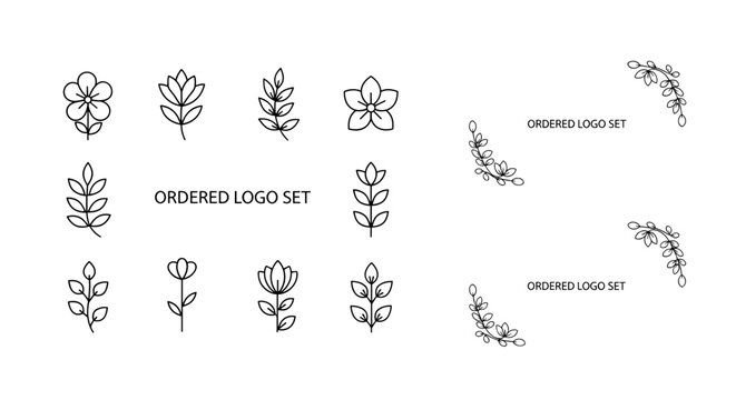 Minimalist floral logo set featuring delicate line art of various flowers and leaves, perfect for branding, invitations, and decorative elements. Includes corner floral accents and a business card