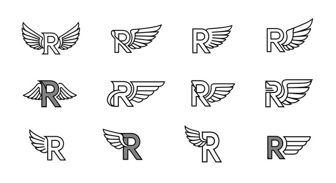 Collection of twelve stylized letter R monograms, each adorned with a pair of wings, presented in a clean vector cartoon illustration style. This ordered set features variations in wing design and R