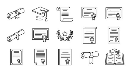 Collection of outline symbols representing diplomas, certificates, graduation caps, and laurel wreaths, meticulously drawn with thin lines, ideal for apps, websites, banners, infographics, and