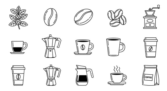Collection of coffee-related line art illustrations, featuring coffee cups, beans, and brewing equipment, perfect for infographics, articles, books, flyers, and banners, with editable strokes for