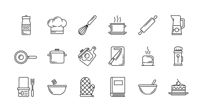 A clean and modern line-art icon set featuring various cooking utensils and kitchenware, perfect for culinary websites, recipe apps, or food blogs. This collection includes essential tools like pots