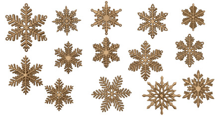 Collection of 3D gold snowflake icons with a realistic bronze texture, isolated on a black background, perfect for Merry Christmas decorations and Golden Xmas vector illustrations, featuring
