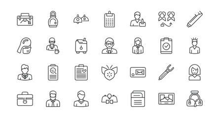 Collection of thin line icons representing time management, scheduling, and speed, including timer, alarm, hourglass, clock, calendar, and watch symbols, suitable for web and mobile applications