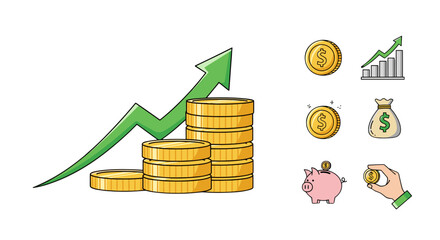 Vibrant vector illustration depicting stacks of gold coins and a rising green financial growth arrow, symbolizing economic prosperity and investment success, alongside supplementary icons of a piggy