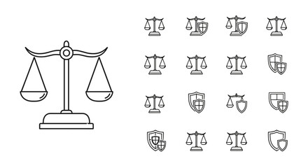 Collection of outline icons representing justice, law, and security, featuring scales of justice and shields, perfect for graphic design, web development, app interfaces, advertising, and various