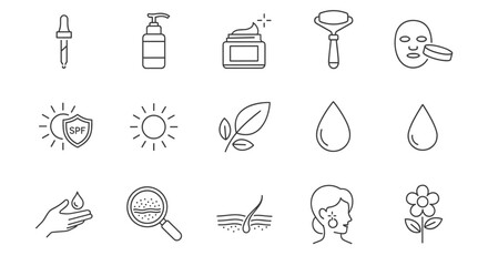 A collection of thin line icons representing skincare and beauty treatments, including a dropper, lotion dispenser, cream jar, jade roller, face mask, SPF shield, sun, leaves, water drops, hand with