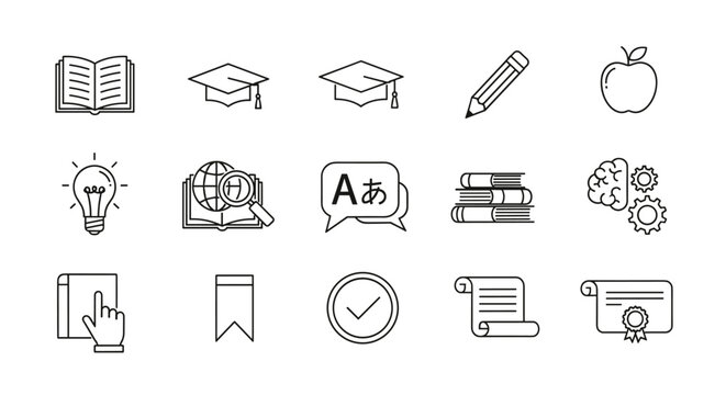 A comprehensive collection of line art icons representing education, study, reading, learning, language skills, and academic achievement, including books, graduation caps, a lightbulb for ideas, a