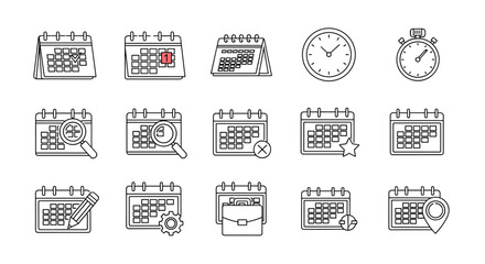 Calendar line icon pack, outline signs for graphic and web design, apps, adverts, various cards, vector cartoon illustration. Includes icons for planning, scheduling, deadlines, reminders, search