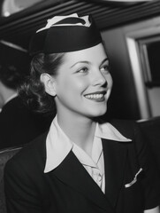 Smiling flight attendant in uniform offering professional airline service