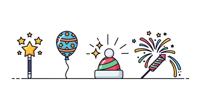Vibrant Celebration Icon Set: Featuring a magical star wand, festive balloon, cozy holiday hat, sparkling stars, and explosive fireworks, perfect for designing greeting cards, social media posts