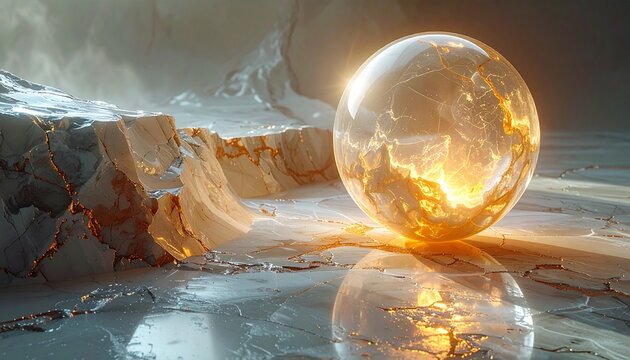 A captivating concept of a mysterious glowing orb with a fiery, cracked core resting on a desolate, frozen alien landscape under a misty sky - Powered by Adobe