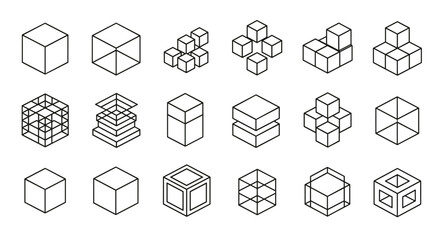 Collection of various cube outlines in isometric perspective, featuring single cubes, stacked cubes, and complex geometric arrangements, perfect for infographics, articles, books, flyers, and