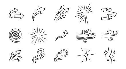 Dynamic hand-drawn line art elements depicting swirling wind, sparkling effects, and expressive anime-style emotions, perfect for adding emphasis and movement to designs, featuring arrows and
