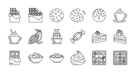 Set of outline icons representing various chocolate products and treats, including chocolate bars, cookies, hot chocolate, cocoa pods, candies, cakes, and assorted chocolates, presented on a clean