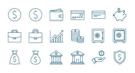 Set of blue outline icons related to money and finance, including dollar coins, wallets, credit cards, piggy banks, briefcases, graphs, stacks of coins, safes, money bags, banks, hand with coin, and