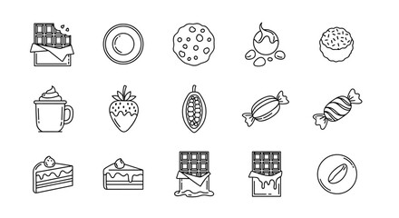 Set of chocolate outline icons, editable stroke, ordered line icon set on white background, try to avoid text, no text, small to medium sized set. This collection features a variety of sweet treats