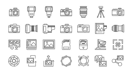 Comprehensive outline vector icon set for photography, featuring cameras, lenses, flashes, tripods, memory cards, and image editing symbols. This collection of linear style conceptual pictograms