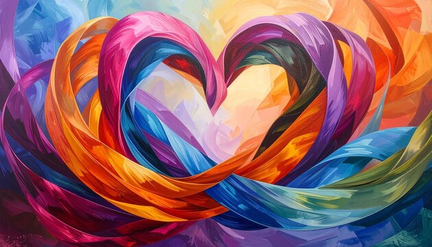 Dynamic abstract painting of a heart symbol created with interwoven colorful flowing fabric and ribbons of light