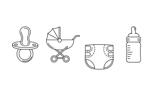 Set of thin line icons representing essential baby care items, including a pacifier, stroller, diaper, and baby bottle, symbolizing newborn needs and family life. These outline icons are perfect for