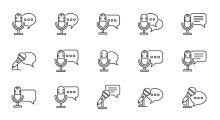 Set of linear outline icons representing microphones paired with speech bubbles, symbolizing communication, broadcasting, and audio recording, perfect for graphic and web design, apps