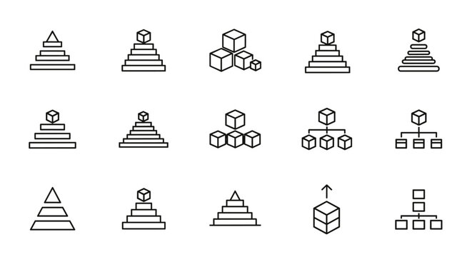Set of pyramid and hierarchy icons, including stacked cubes and organizational charts, presented as outline vector graphics. These versatile line art symbols are ideal for business presentations, web