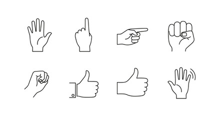 Collection of eight distinct hand gesture line art icons, including a raised open palm, a pointing finger, a fist, a thumbs up, and a waving hand, presented on a clean white background for versatile