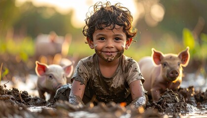 Joyful Child's Muddy Playtime Exploring Nature with Piglets in a Rural Landscape