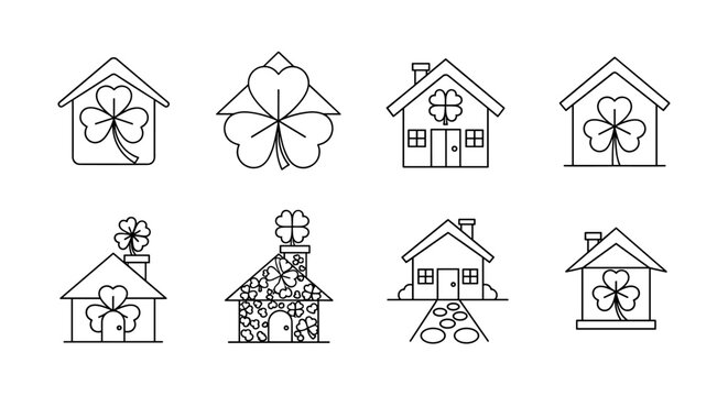 Set of eight stylized houses featuring clover motifs, presented as clean line art illustrations on a black background, perfect for St. Patrick's Day or nature-themed designs, symbolizing luck and