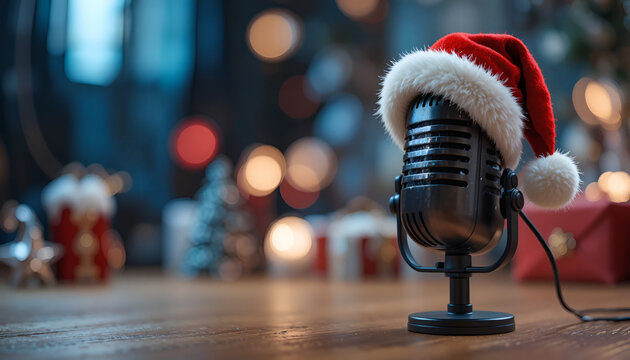 Festive microphone wearing a Santa hat surrounded by Christmas decorations and soft bokeh lights, creating a cheerful atmosphere for holiday events and celebrations. - Powered by Adobe