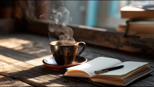 Cozy Morning Ritual: Steaming Coffee, Open Journal, and Pen on Rustic Wood