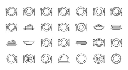 Collection of minimalistic linear icons representing plates, cutlery, and food items, perfect for web and graphic design, apps, banners, social networks, and cards, offering a clean and modern