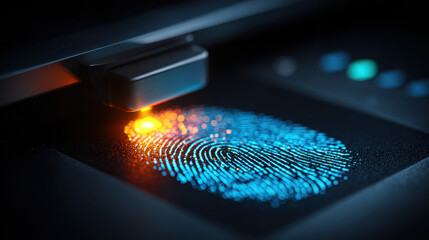 Colorful fingerprint scanner glowing with orange and blue lights on a dark surface highlighting biometric security technology in a modern digital environment.