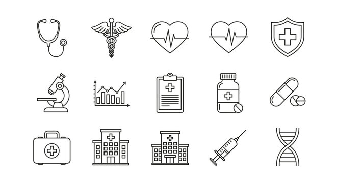 A comprehensive collection of outline icons representing healthcare, medical services, analytics, and protection, featuring a stethoscope, caduceus, heart rhythm, shield, microscope, charts