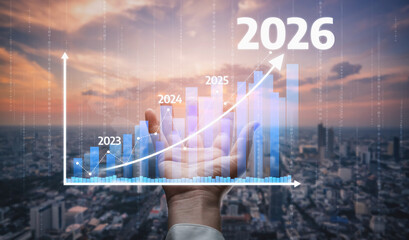 This image features a hand holding a transparent bar graph illustrating growth projections from...
