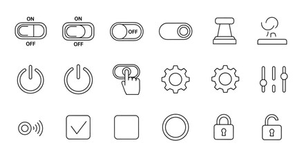 Set of On and Off Switch Related Line Icons, Outline Signs for Graphic and Web Design, Apps, Adverts, Various Cards, Vector Cartoon Illustration with a White Background. Includes power buttons
