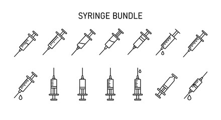 Syringe Line Icon Bundle: A collection of minimalistic linear pictograms representing syringes, perfect for web and graphic design, apps, banners, social networks, and cards. This vector cartoon