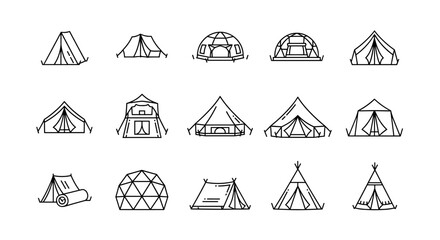 Collection of outline tent icons for graphic and web design, apps, adverts, and various cards. This vector cartoon illustration features a diverse range of tent styles, including dome, teepee, and