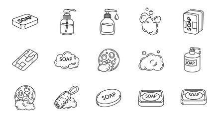 Collection of isolated soap icons on a white background, featuring bar soap, liquid soap dispensers, and soap bubbles, perfect for web, books, cards, and app designs, presented as a clean vector