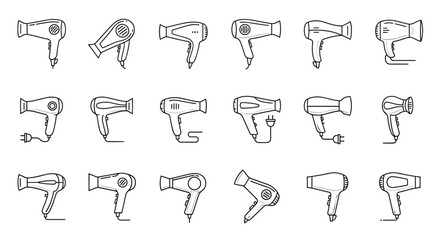 Collection of stylized line art icons representing various hair dryers, presented in a clean, ordered set against a stark black background, ideal for graphic design, app interfaces, and conceptual