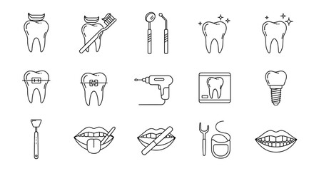 Collection of minimalistic linear outline icons representing dentistry and dental care, including teeth, braces, dental drill, implant, toothbrush, dental mirror, and lips, perfect for web and