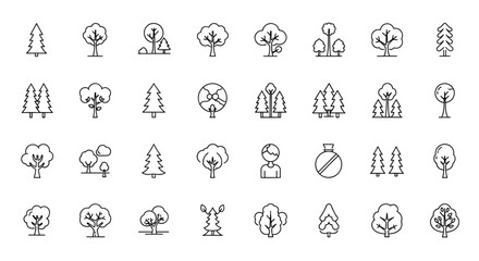 Collection of thin line art icons representing various trees and forest elements, suitable for web, books, cards, and apps. This vector cartoon illustration features editable strokes and a clean