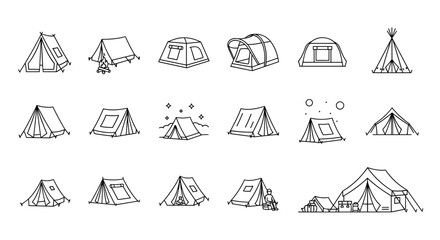 Collection of hand-drawn outline tent icons and symbols, perfect for graphic and web design, apps, adverts, and various cards. This vector cartoon illustration features a diverse range of tent