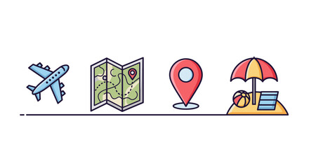 Vibrant vector cartoon icons depicting essential travel elements: a blue airplane, a folded map with pins, a red location marker, and a beach scene with an umbrella, beach ball, and lounge chair