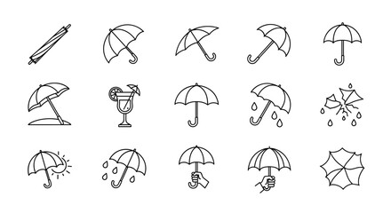 Collection of simple linear outline umbrella icons, perfect for web, books, cards, and apps, presented as editable stroke vector cartoon illustrations, symbolizing protection, weather, and fashion