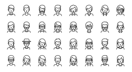 Diverse collection of 32 minimalist line art avatar icons, showcasing a variety of male and female characters with different hairstyles, facial features, and accessories like glasses and hats