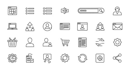 A comprehensive collection of thin line web page icons, presented in a clean outline style, perfect for graphic design, web development, app interfaces, and advertising. This vector illustration set